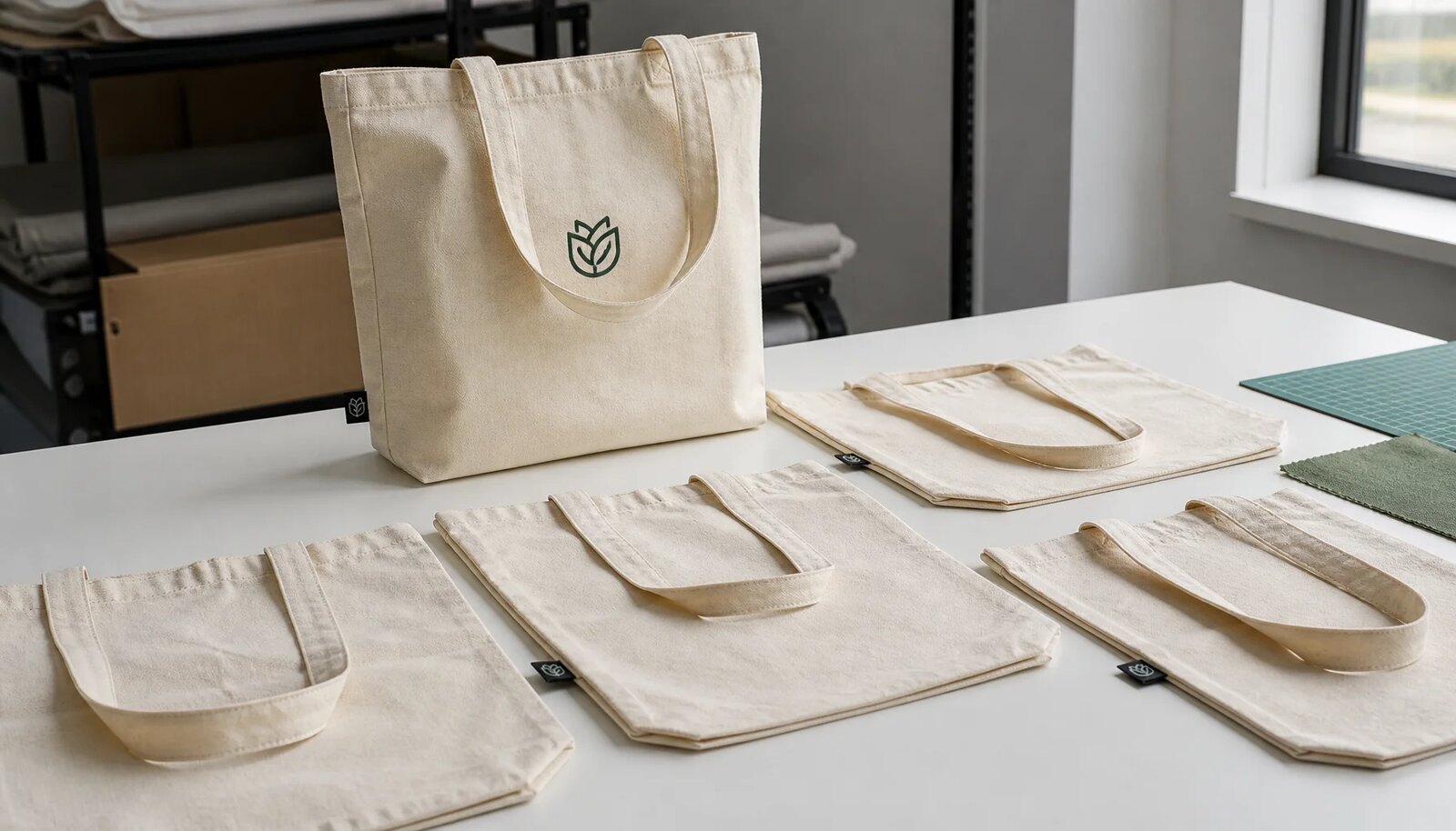 Custom organic cotton tote bags with a simple CTM sample logo in a factory sample room