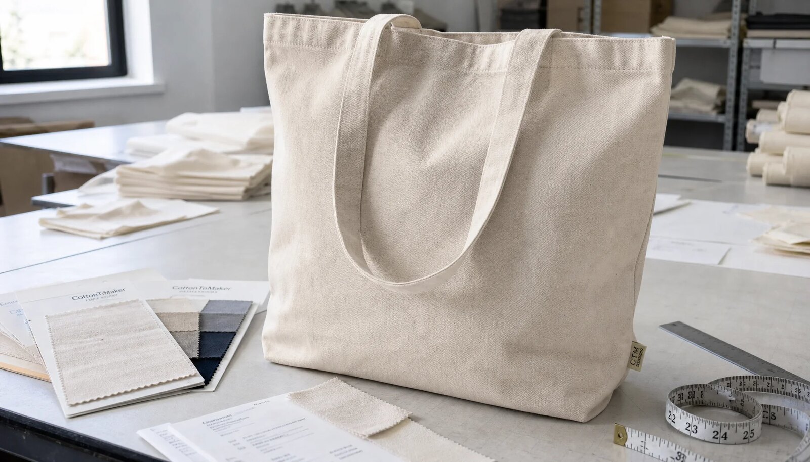 Photorealistic organic cotton tote sample with a small CTM/CottonToMaker logo printed on the bag in a factory sample room