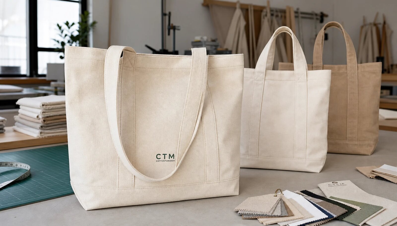 Custom organic cotton tote bag sample with CTM logo in a factory sample room