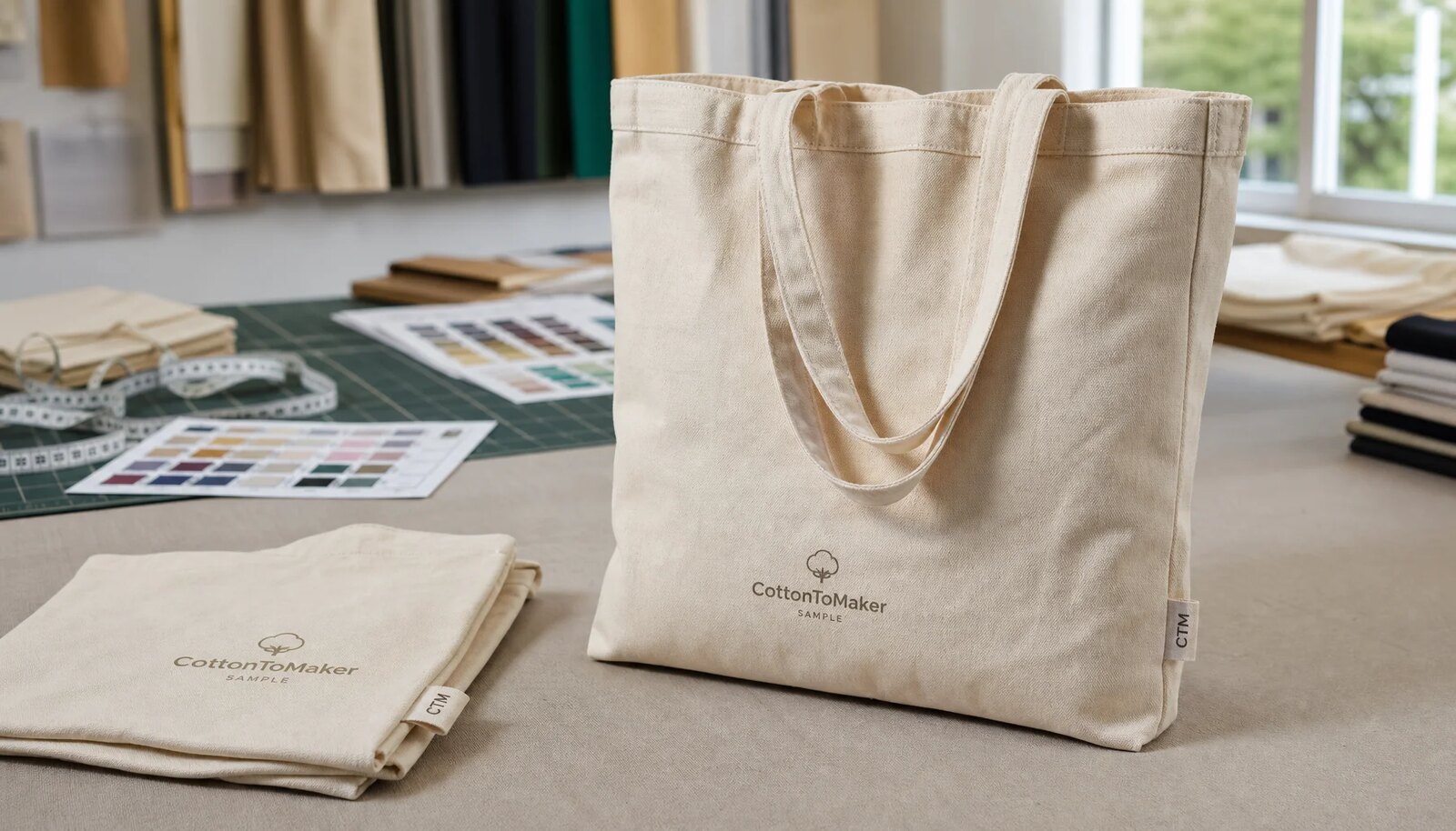 Natural organic cotton tote bag samples with CTM logo in a factory sample room