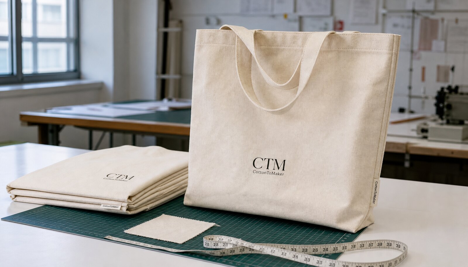 Organic cotton tote with CTM sample logo in a factory sample room