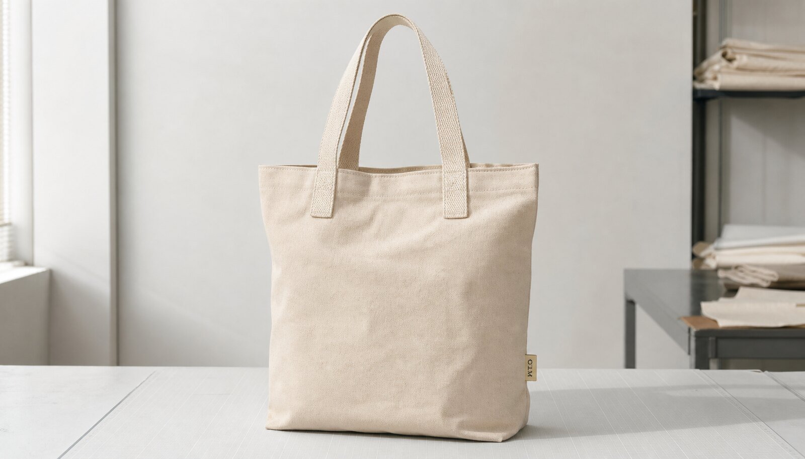 Natural organic cotton tote with a small CTM sample logo in a clean studio setting.