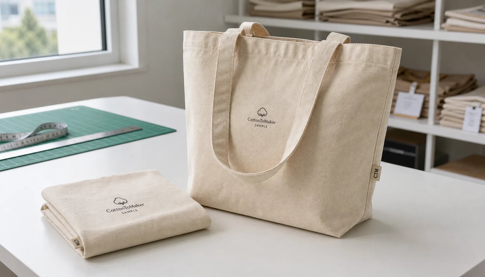 Custom organic cotton tote sample with CTM side label and printed CottonToMaker logo