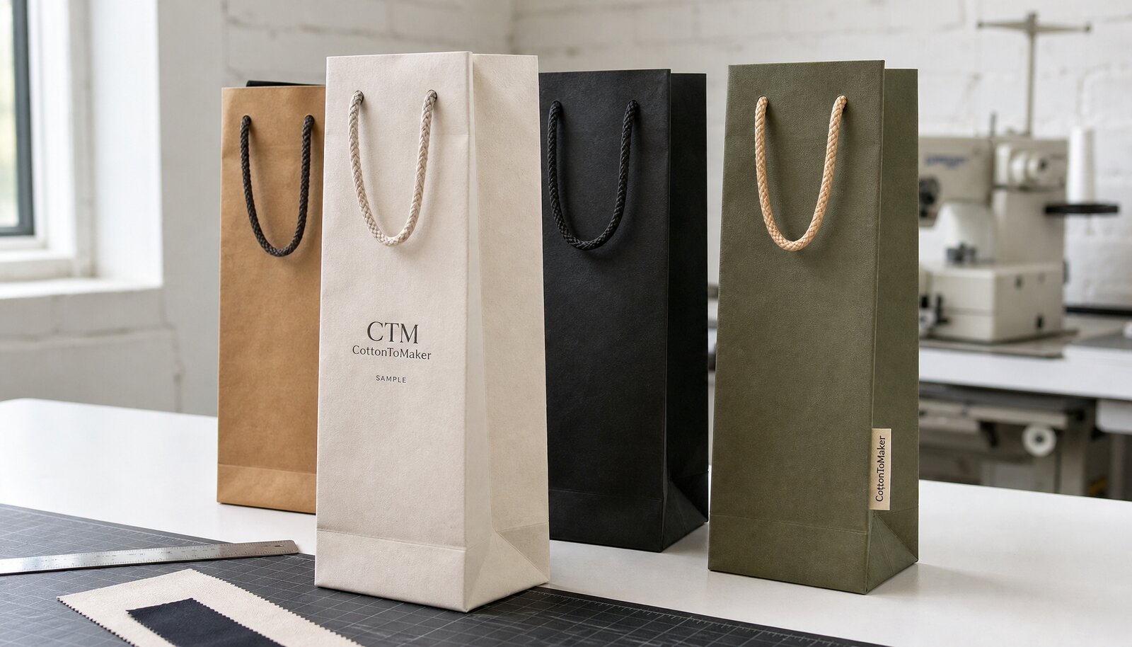 Custom paper wine bags with a CTM sample logo in a factory sample room