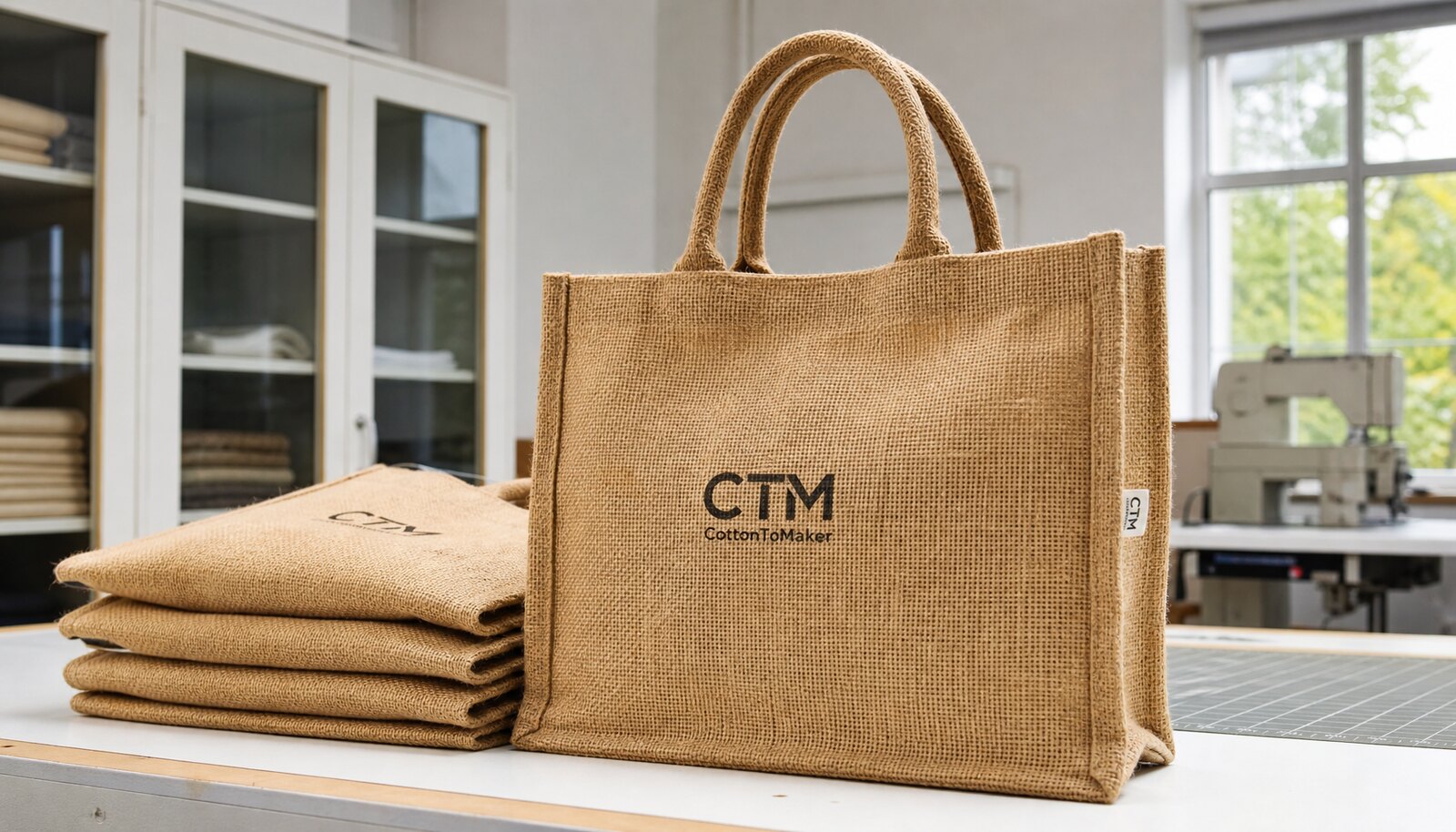 Custom printed burlap bags with a CTM CottonToMaker logo printed on natural jute in a factory sample room