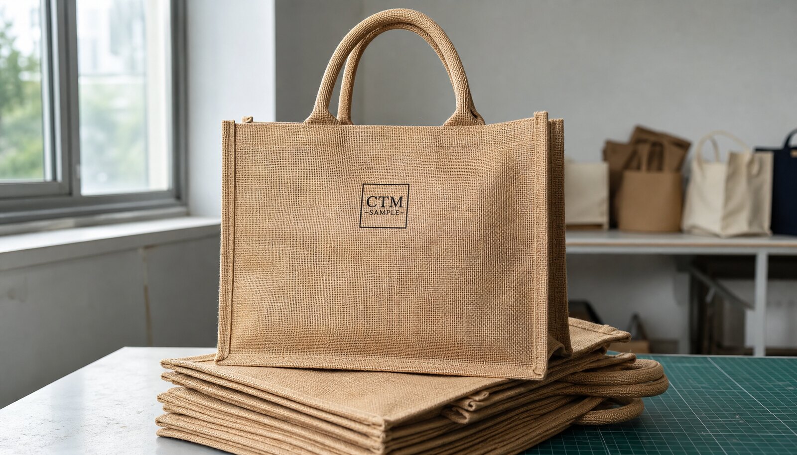 Custom printed burlap tote bags with a CTM sample logo in a factory sample room