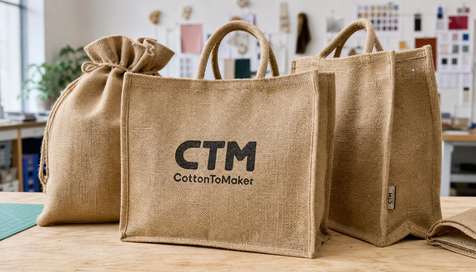 Custom printed burlap sacks with a simple CTM/CottonToMaker logo in a factory sample room.