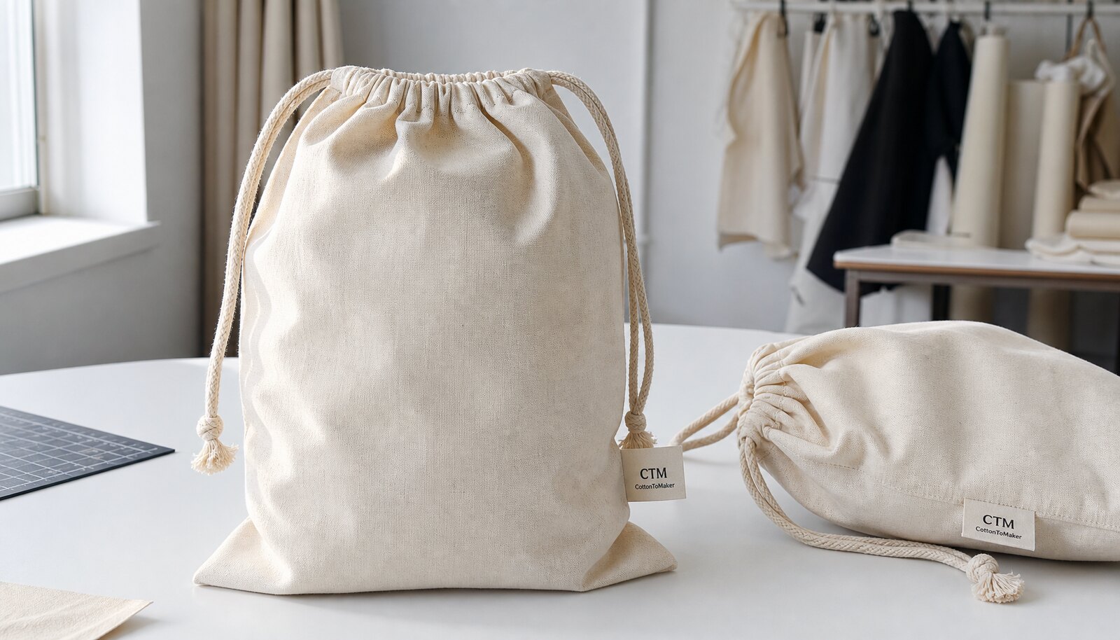 Photorealistic calico drawstring bag with a small CTM side label in a clean factory sample room.