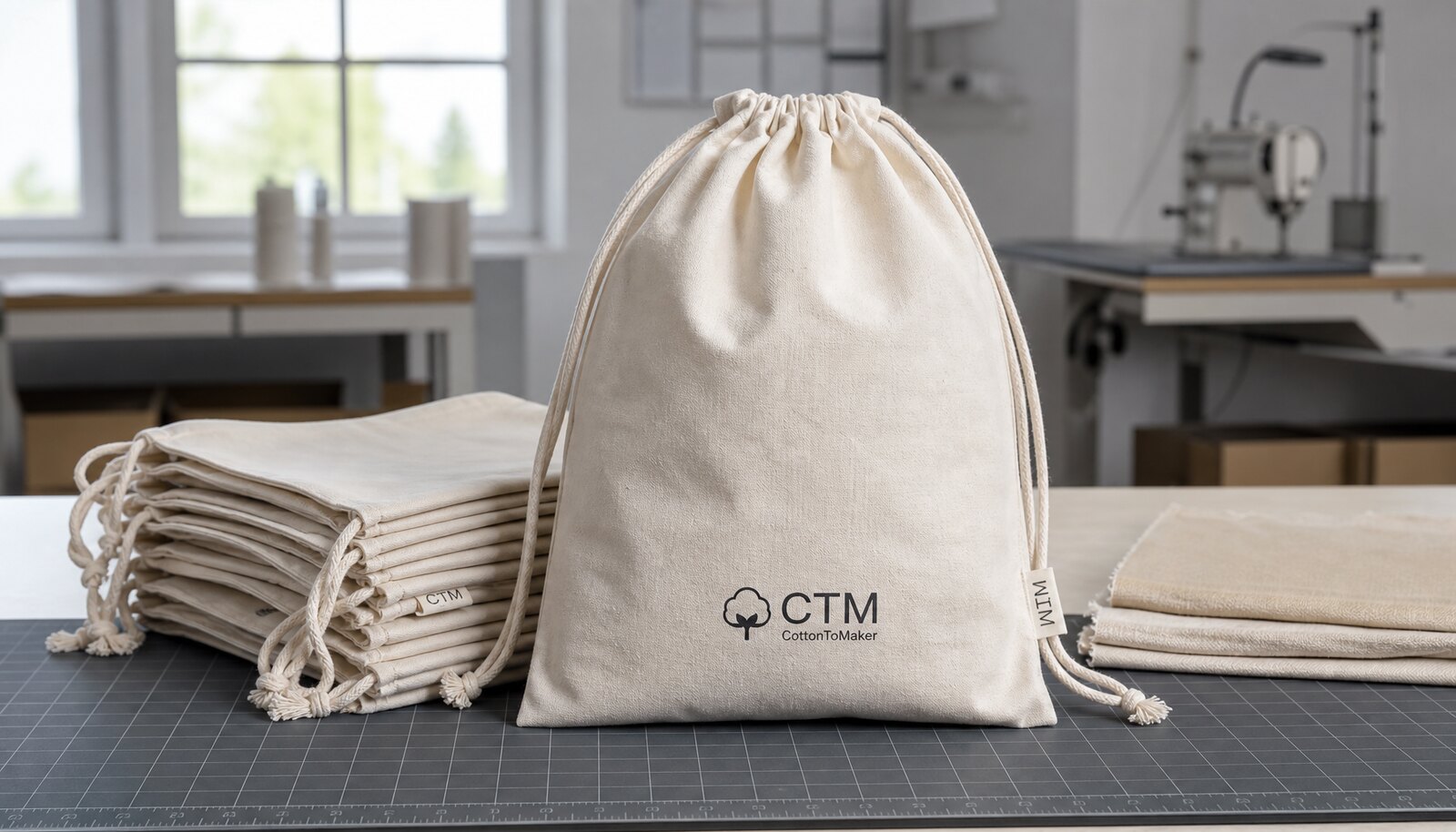 Custom printed cotton drawstring bags with a simple CTM CottonToMaker logo printed on a sample bag in a factory sample room