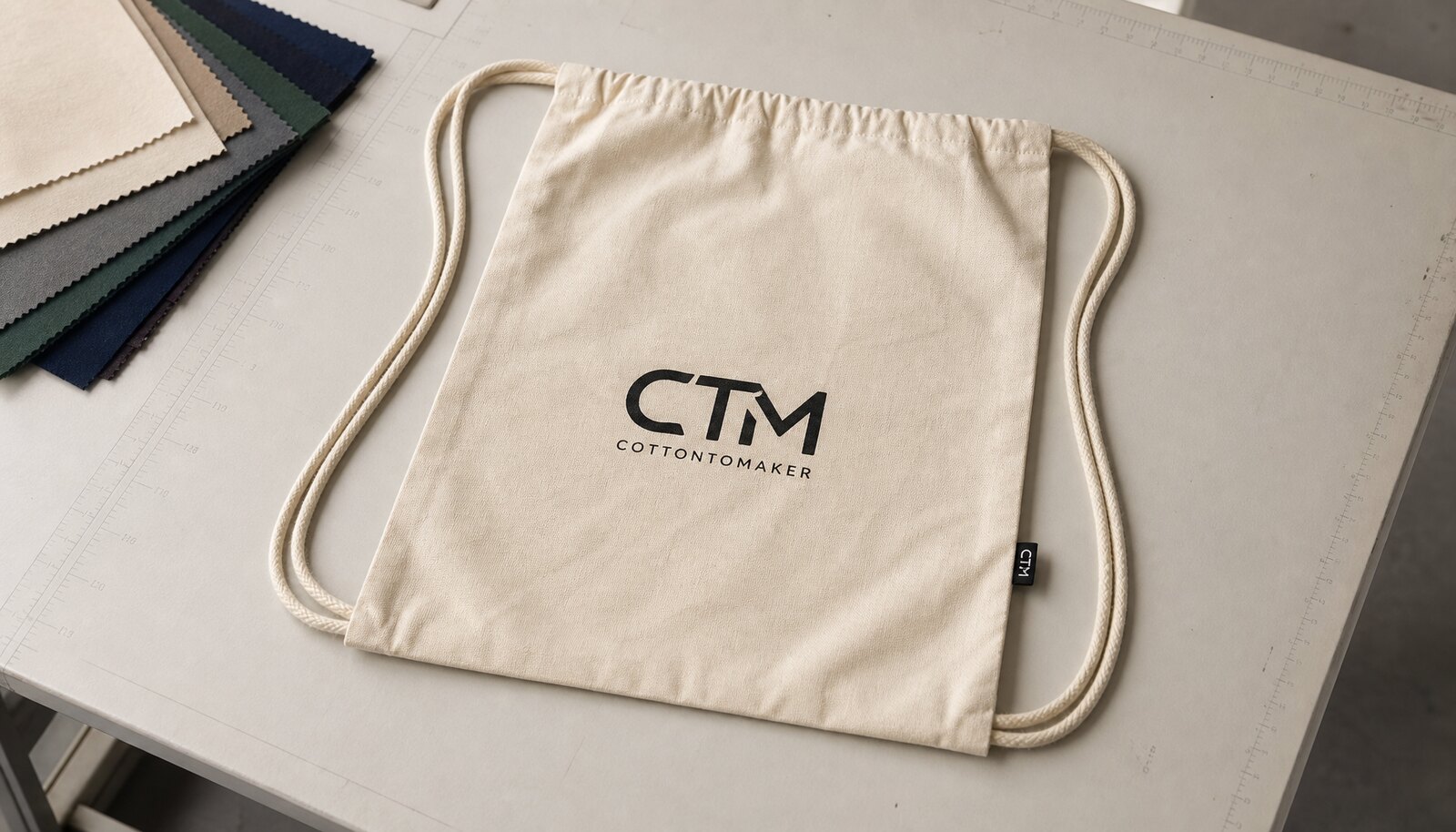 Custom printed drawstring backpack with a simple CTM CottonToMaker logo in a clean factory sample room