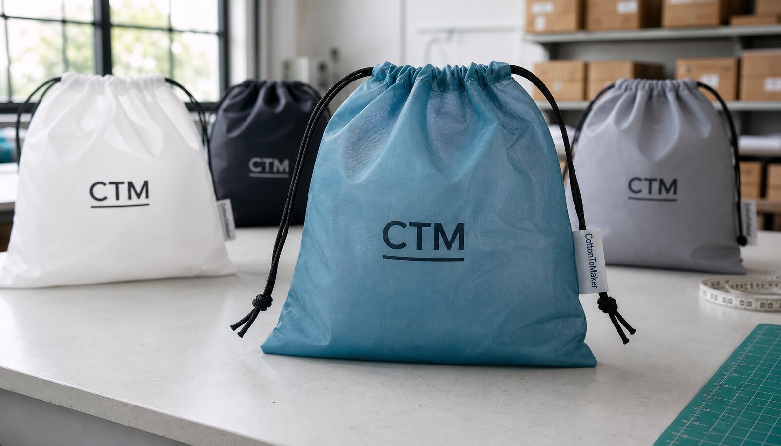 Custom printed plastic drawstring bags in a factory sample room with a simple CTM logo printed on the product