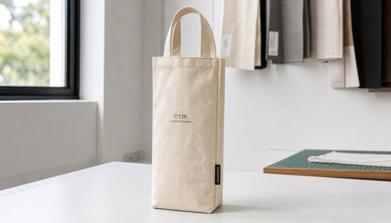 Photorealistic cotton wine bag in a factory sample room with a CTM/CottonToMaker logo printed on the front