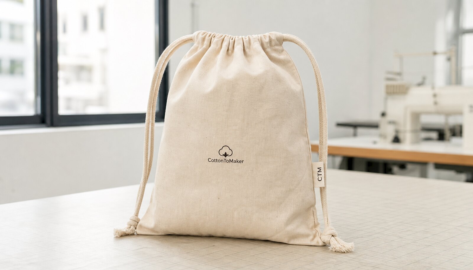Beige cotton custom pull string bag with a CTM side label and one-color logo in a factory sample room