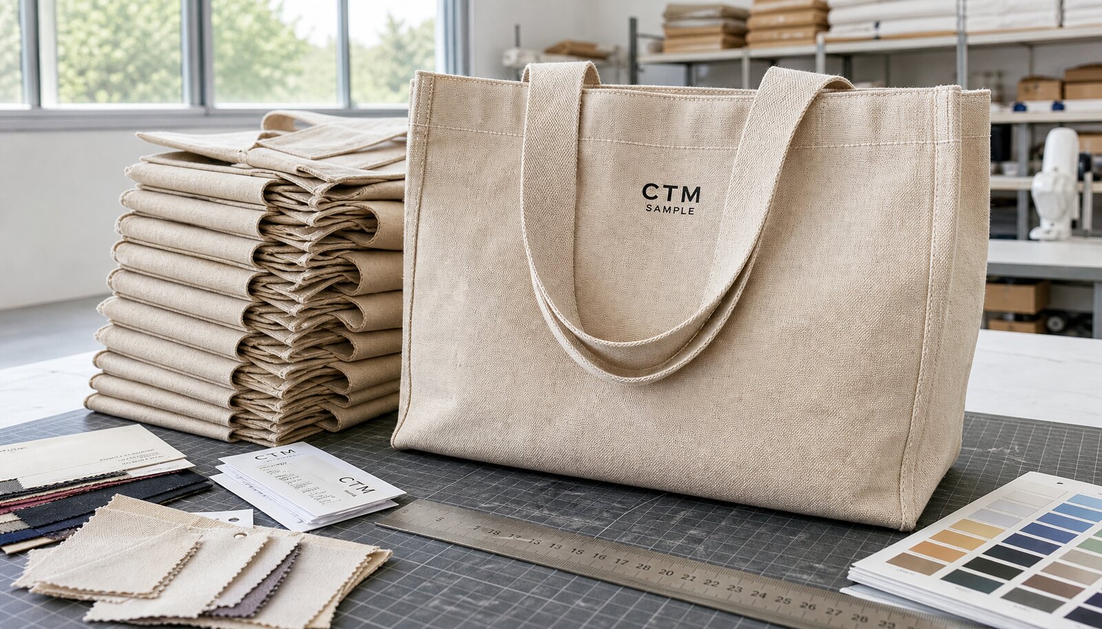 Custom reusable canvas bags with a simple CTM sample logo in a factory sample room