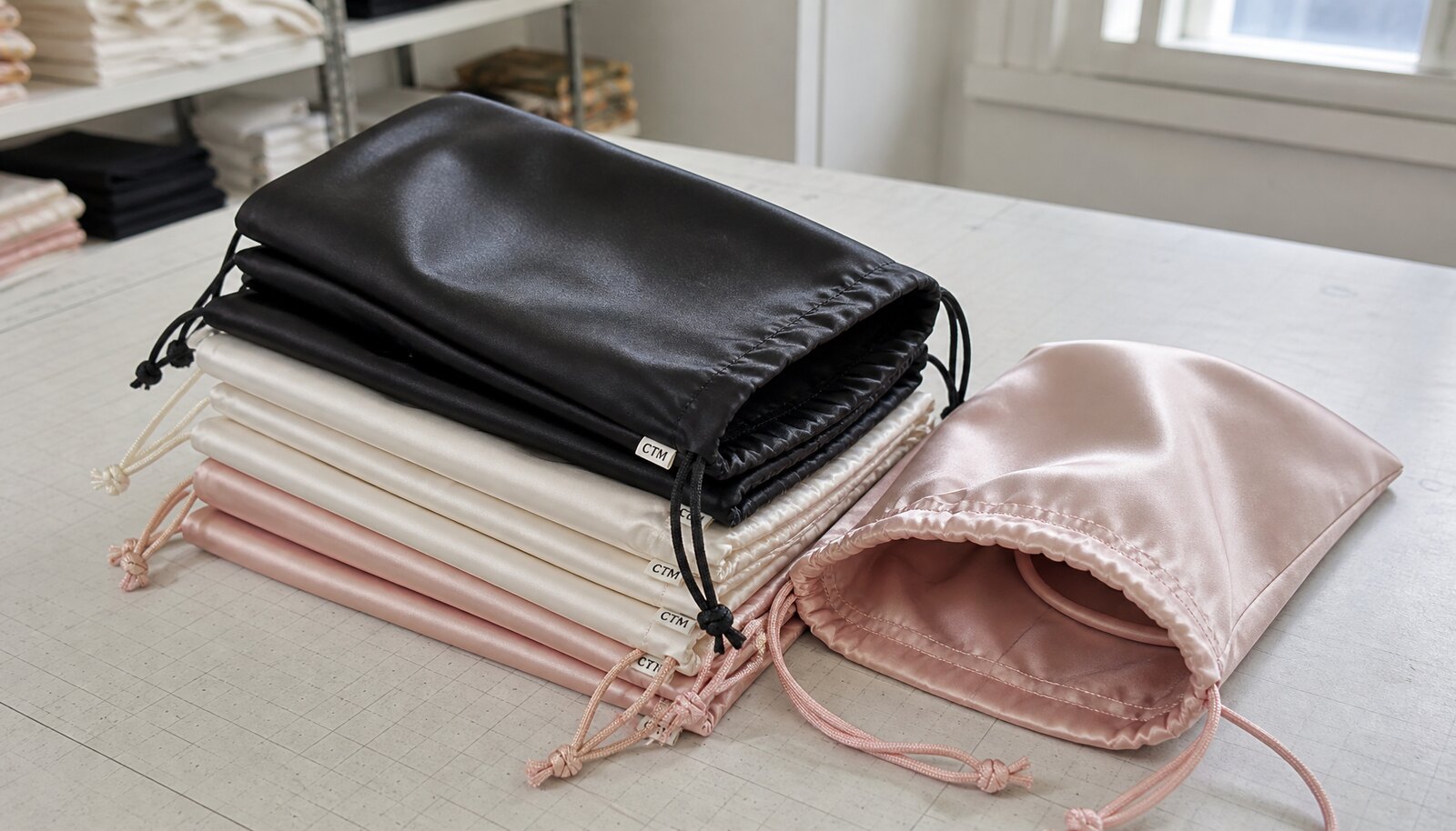 Custom satin drawstring bags with a sewn CTM side label in a clean factory sample room