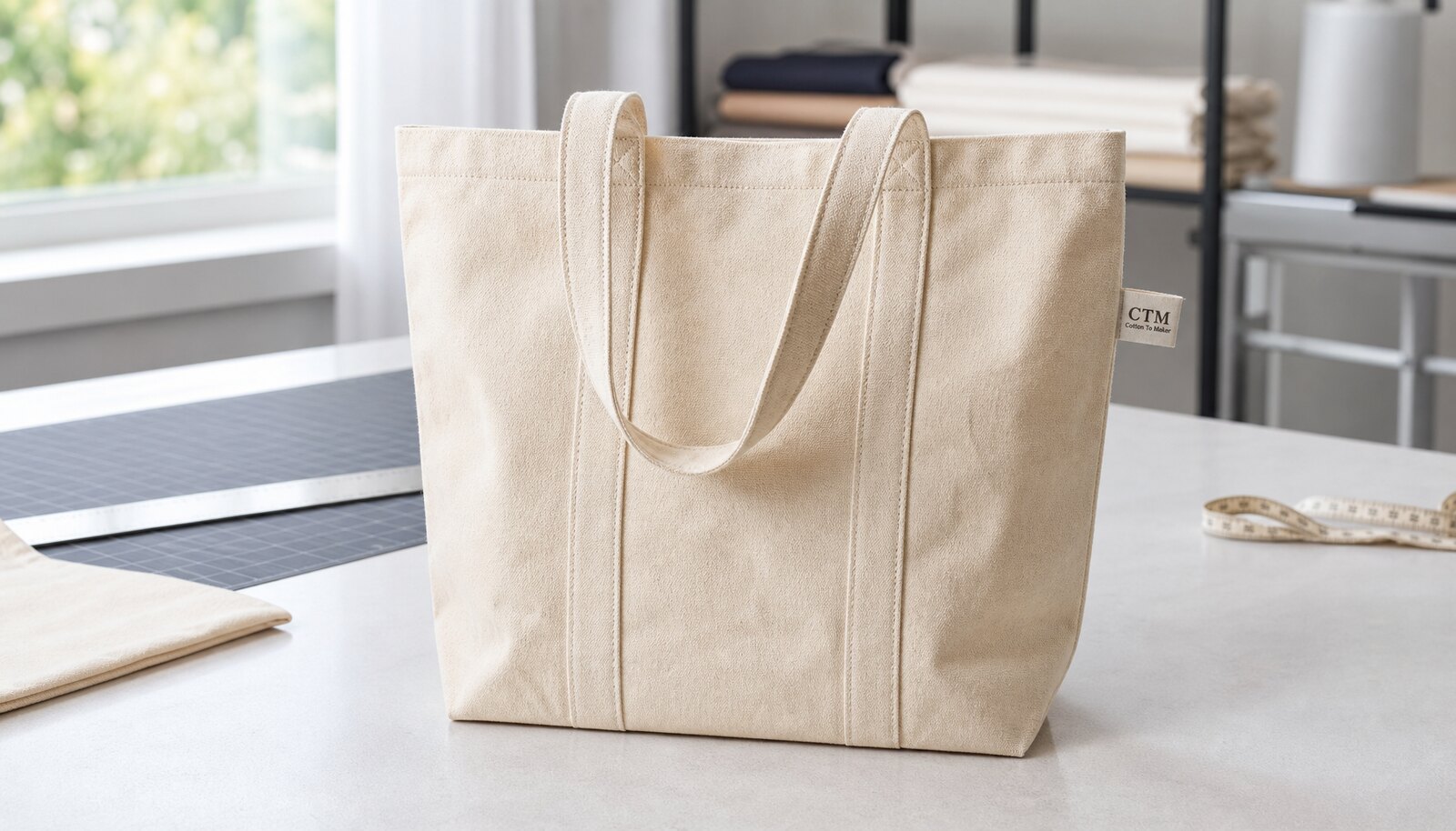Natural cotton reusable shopping bag with a stitched CTM CottonToMaker side label, photographed in a clean factory sample room.