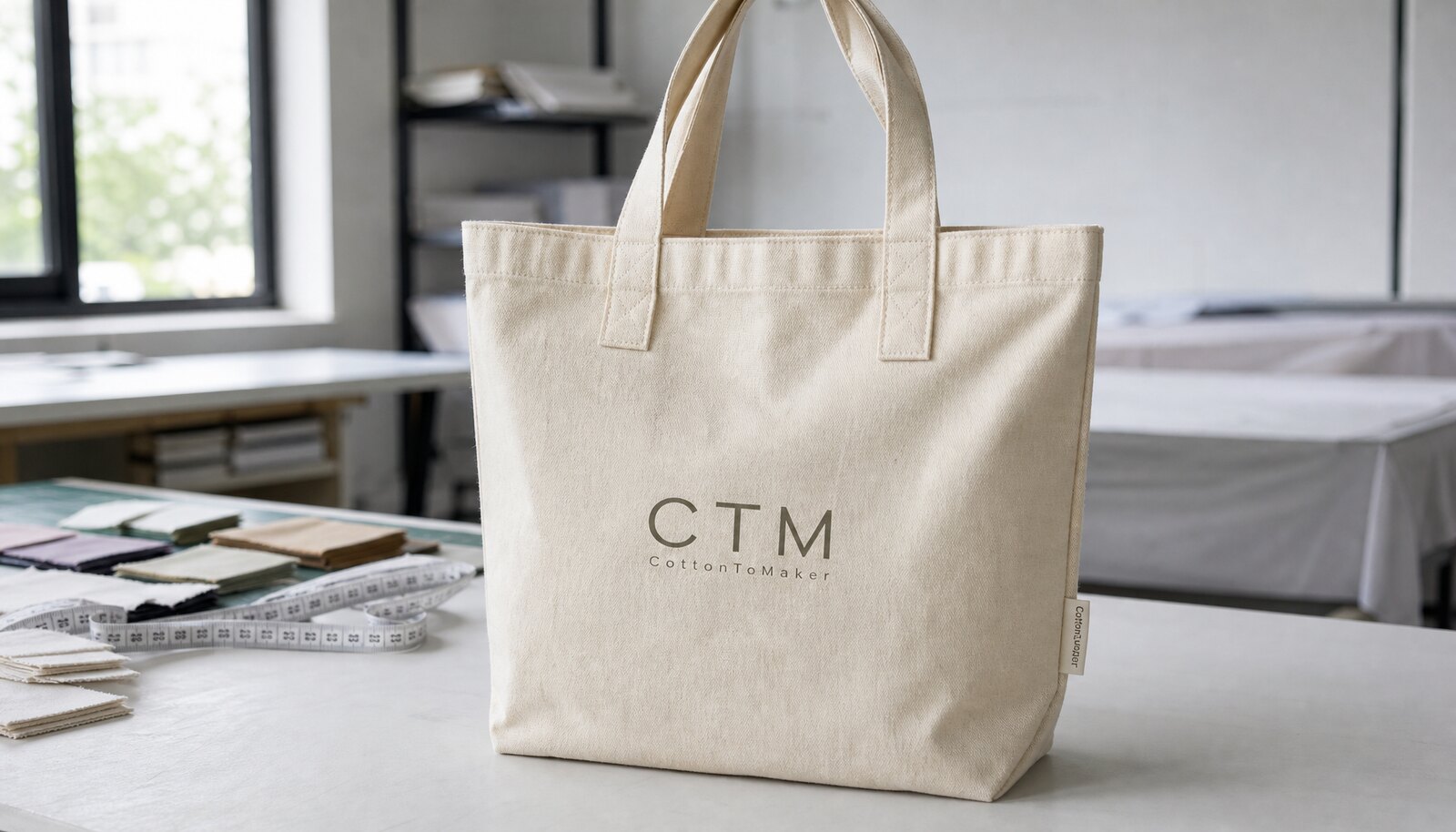 Natural cotton event shopping bag with a simple CTM logo print and woven side label in a factory sample room.