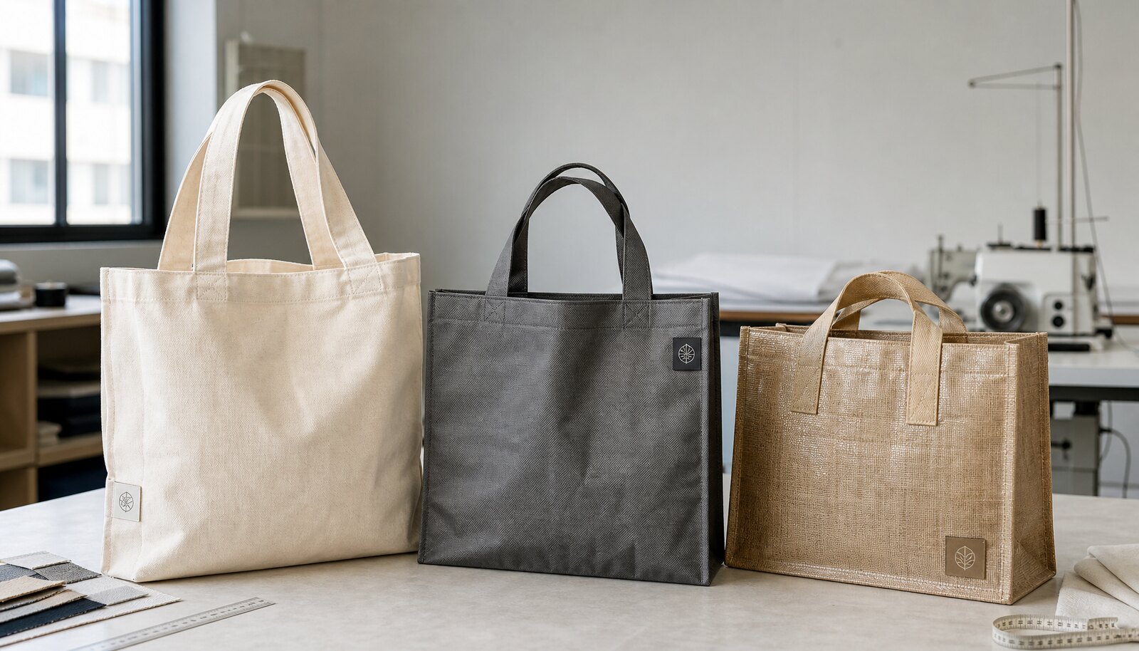 Custom shopping bags for hotels with a simple hotel logo in a factory sample room
