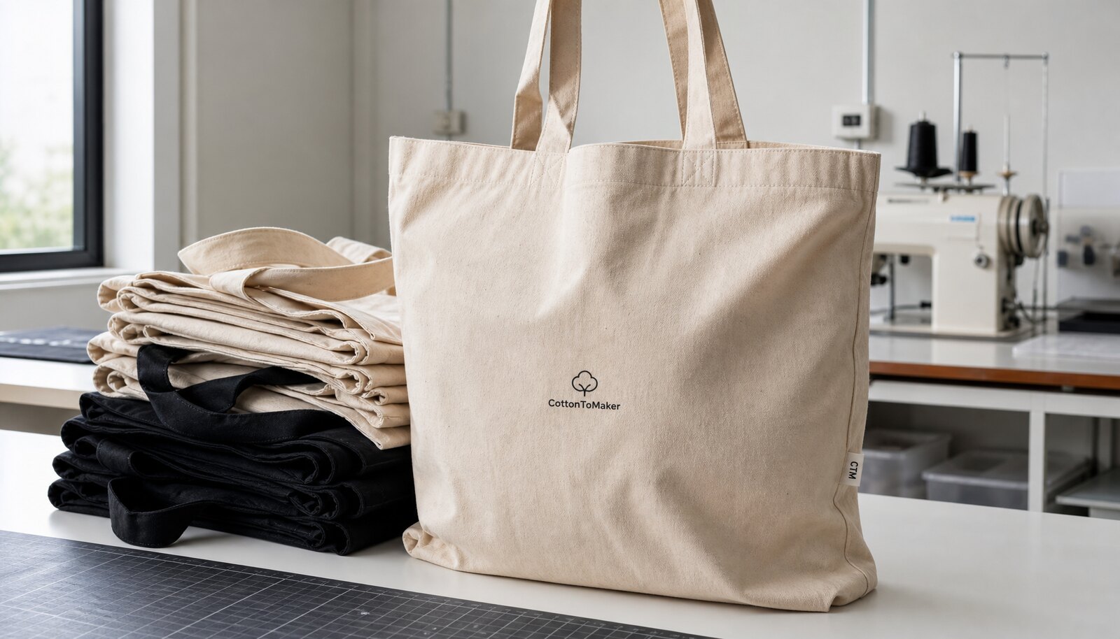 Custom shopping bags for retail with CTM sample logo in a factory sample room