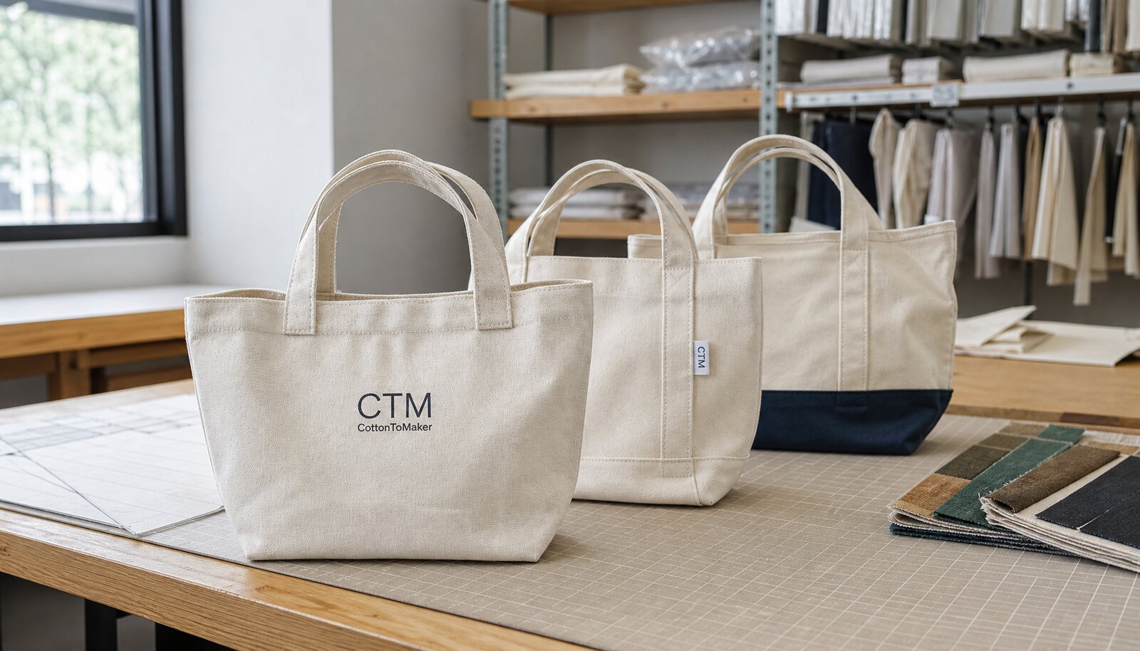 Small custom canvas bags with a simple CTM sample logo printed on one bag and a sewn side label on another, shown in a clean factory sample room