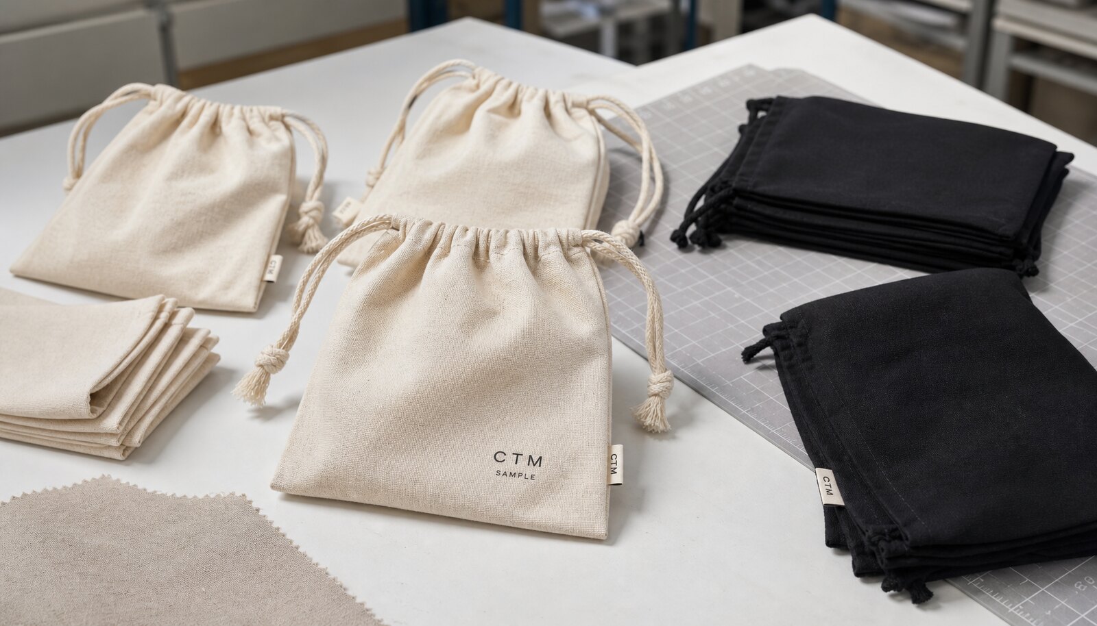 Small drawstring pouches with a simple CTM sample logo in a factory sample room