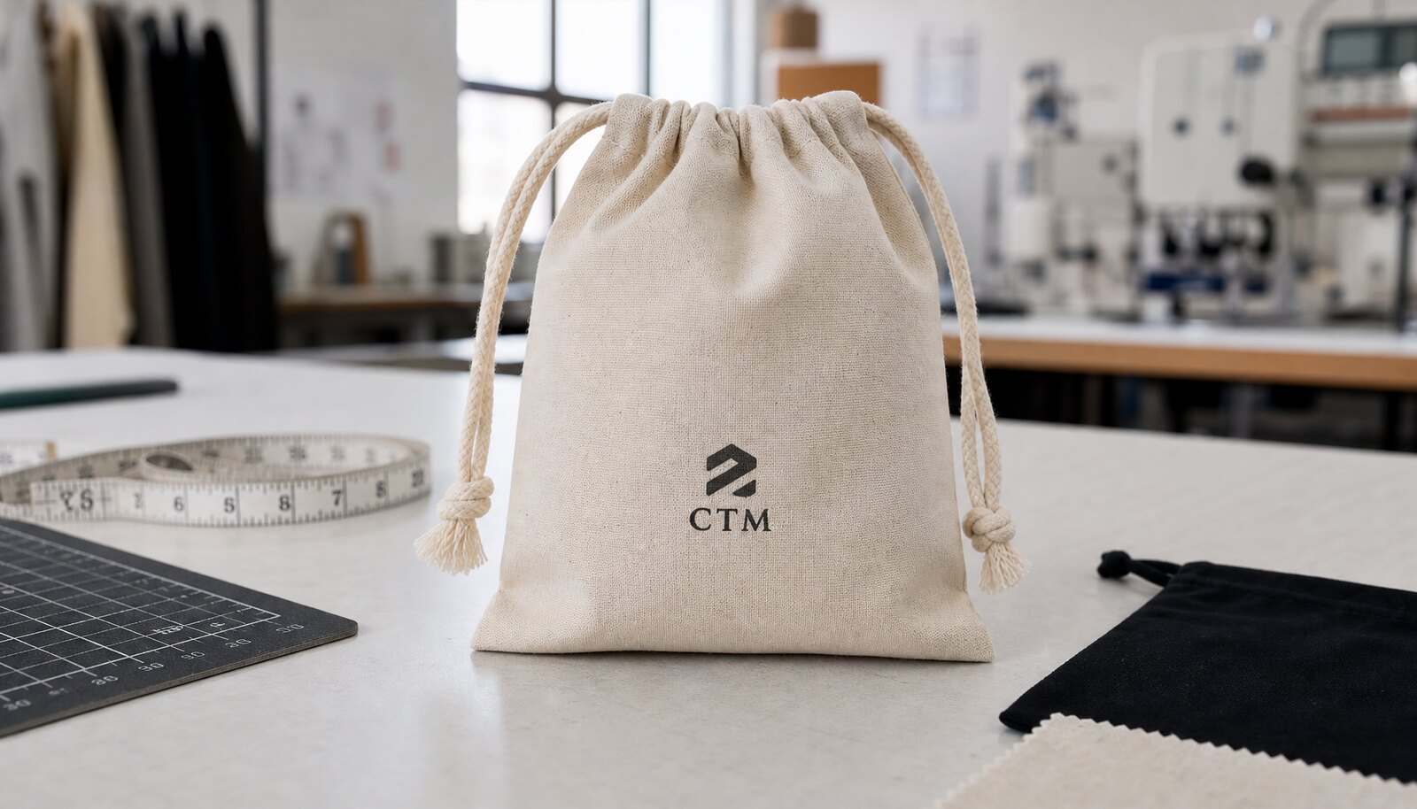 Photorealistic custom small drawstring pouch with a simple CTM logo printed directly on the pouch in a factory sample room