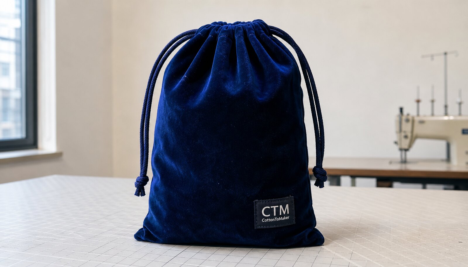 Photorealistic custom velvet drawstring bag with a CottonToMaker sample label in a factory sample room
