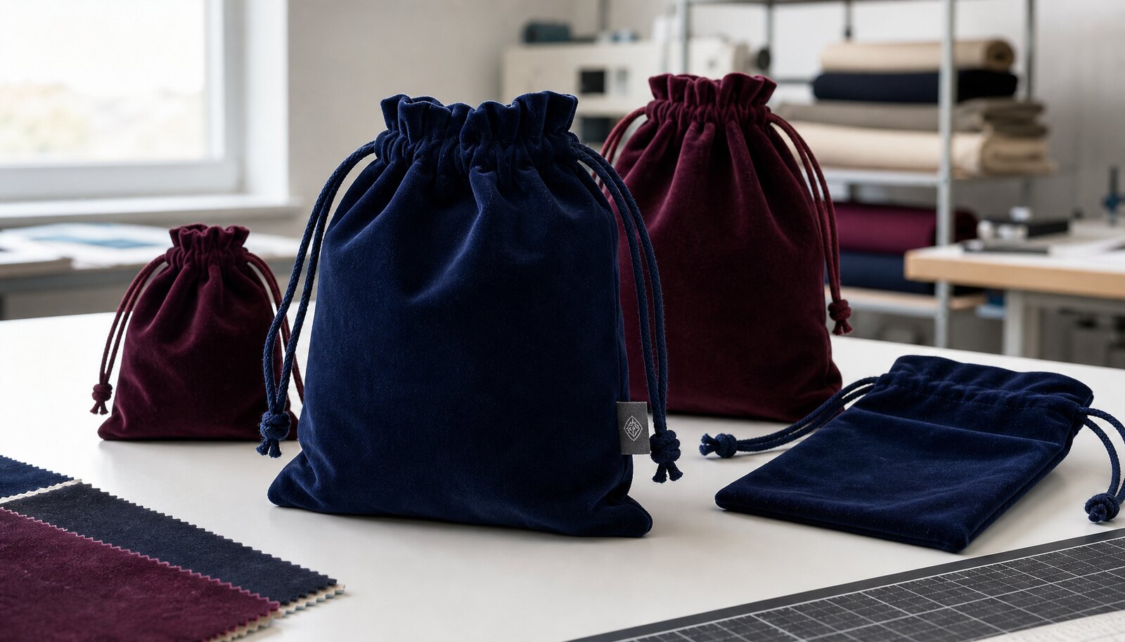 Photorealistic custom velvet drawstring bags in a factory sample room with a sewn CTM/CottonToMaker side label