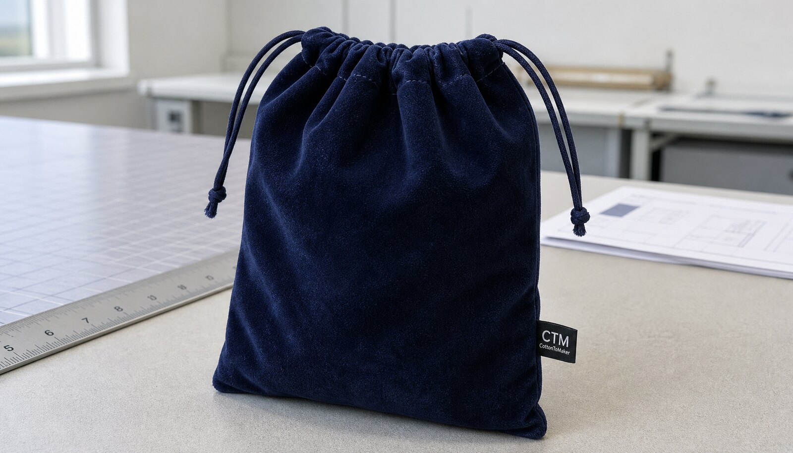 Custom velvet drawstring pouch with a simple CTM CottonToMaker sample logo in a factory sample room