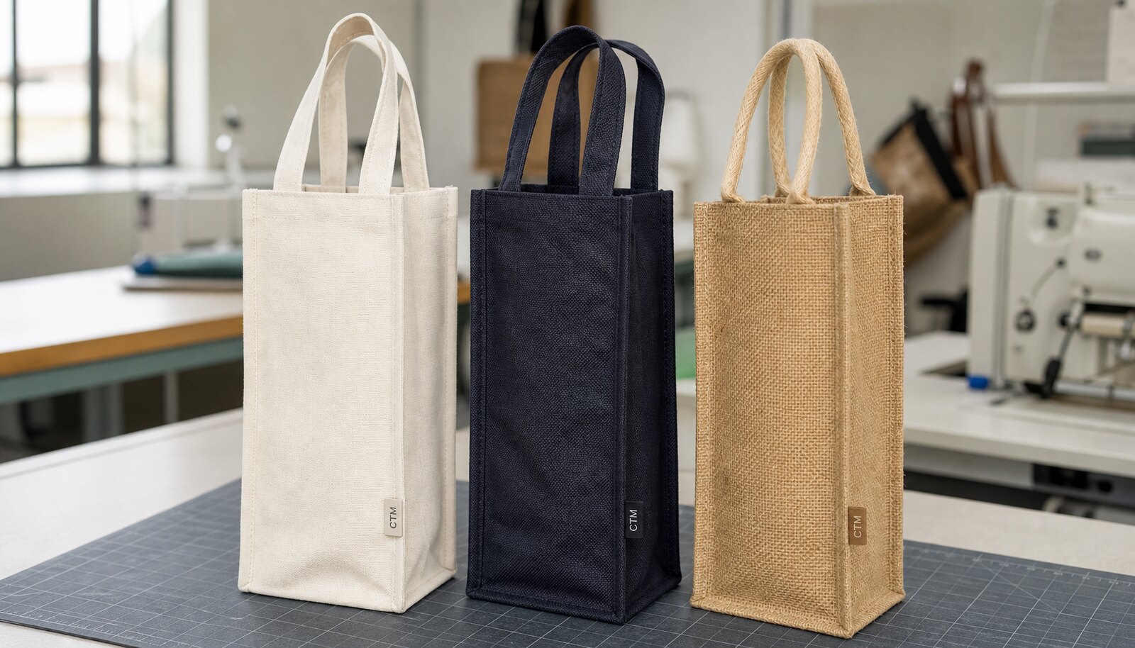 Three custom wine bags with a small CTM/CottonToMaker logo in a factory sample room