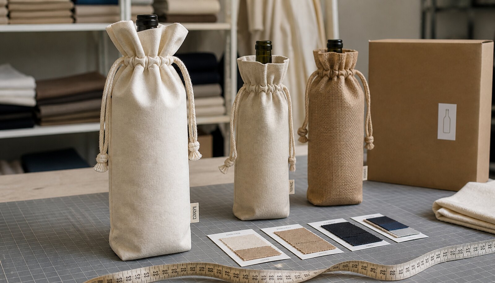 Hotel wine bottle bags with CottonToMaker sample logo in a factory sample room