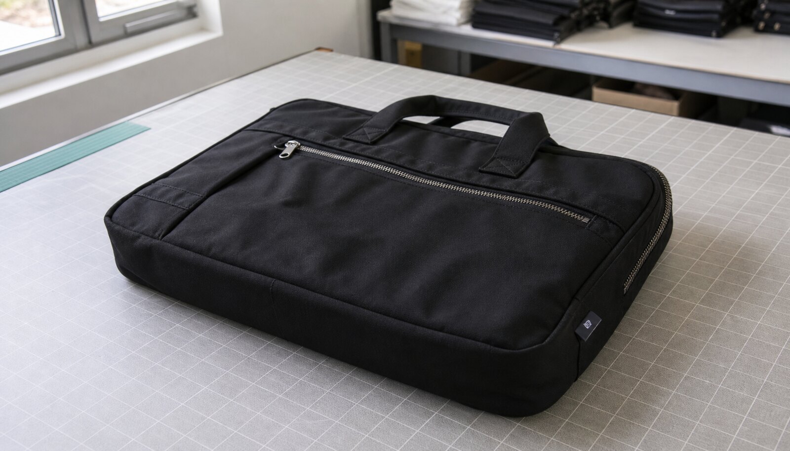 Black custom zipper business bag with a sewn CTM/CottonToMaker side label in a factory sample room