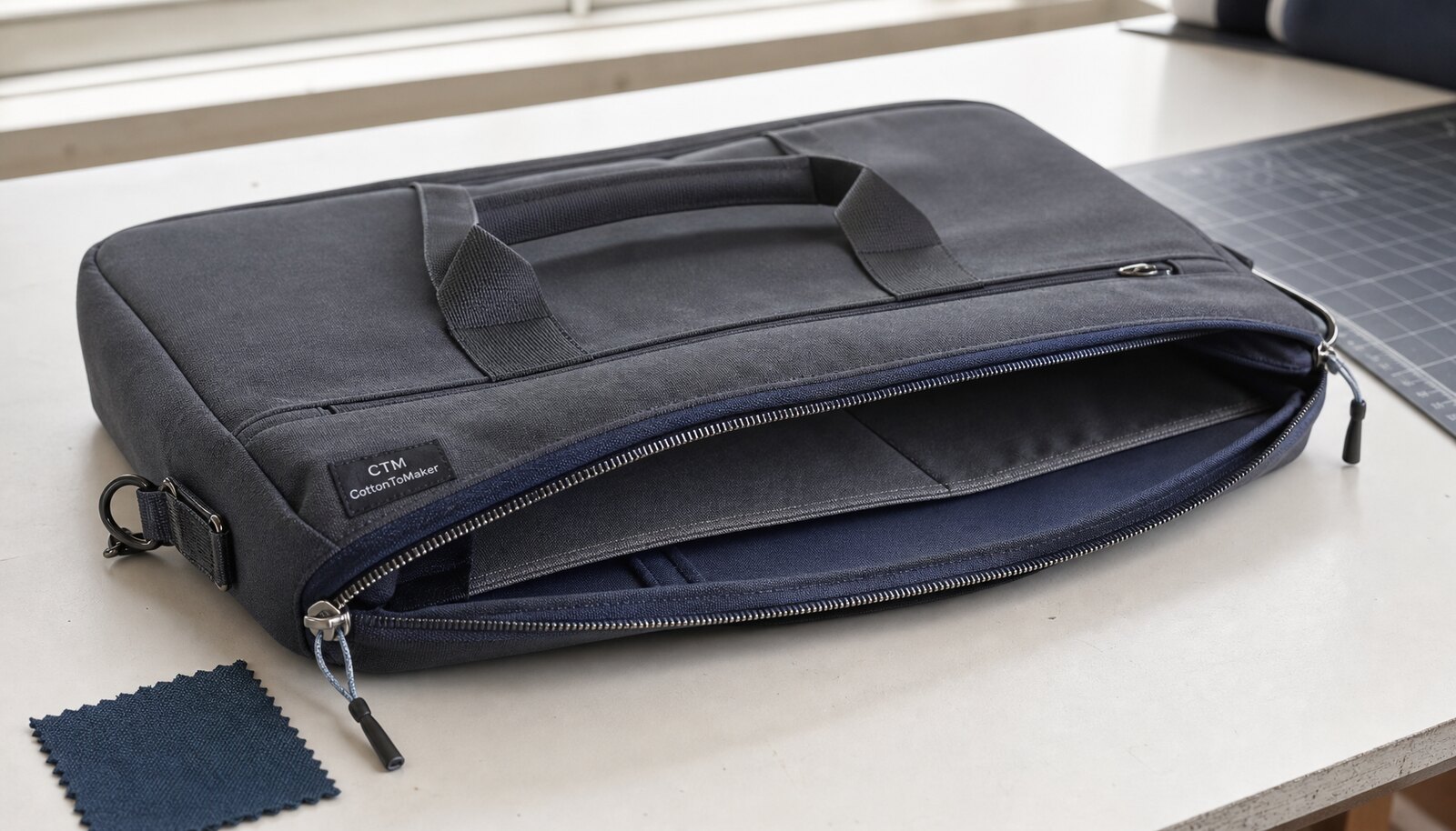 Custom zipper business bag with a simple CTM sample logo shown in a clean factory sample room
