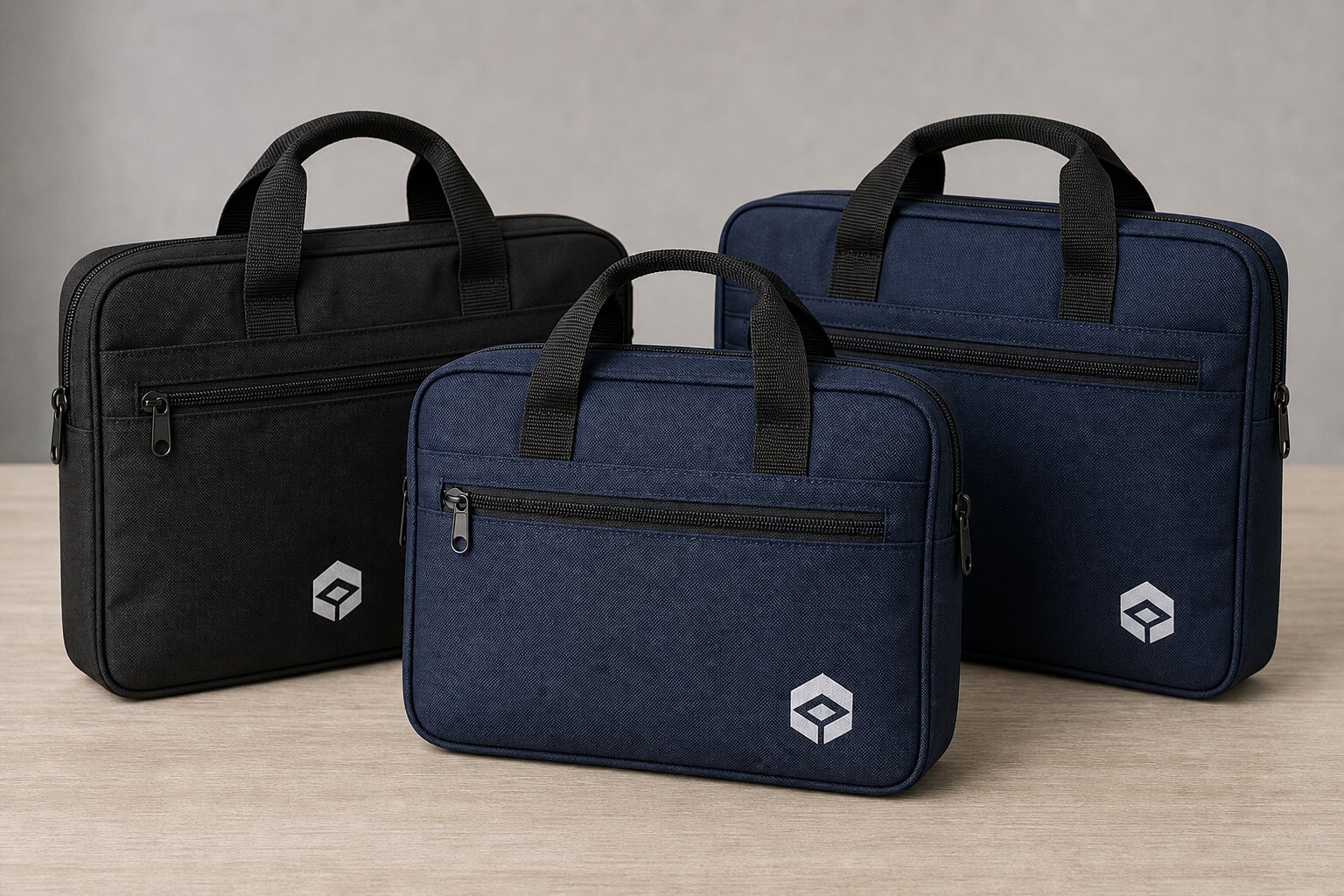 Custom zipper business bags with printed logos, zipper closures, handles, and reinforced stitching on a worktable
