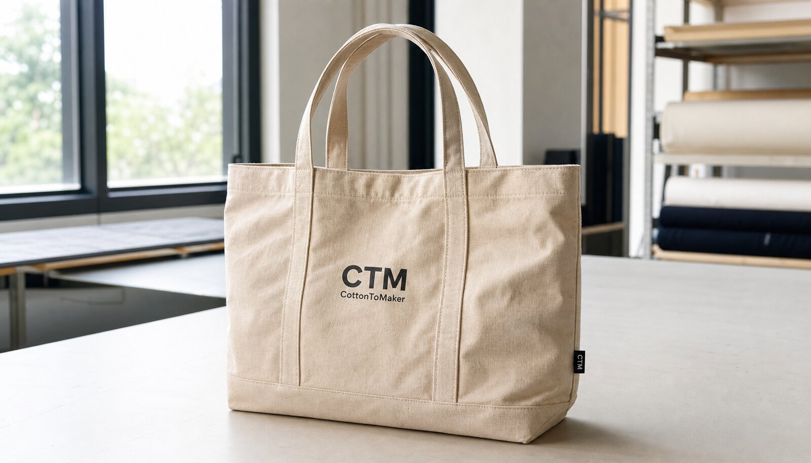 Photorealistic canvas tote bag sample with a simple CTM logo printed on the front and a woven side label in a factory sample room.