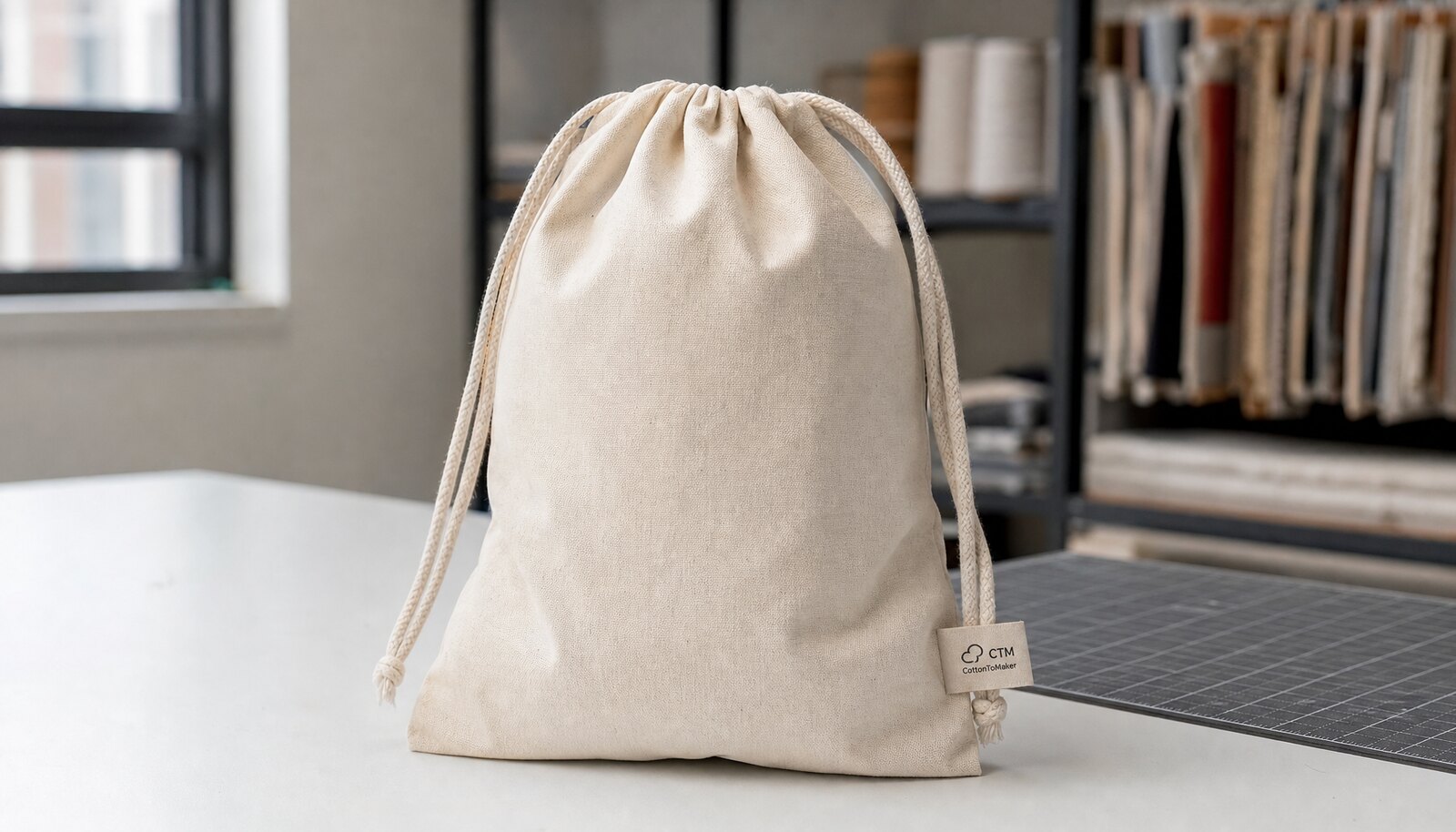 A customised drawstring bag with a small CTM / CottonToMaker woven side label in a factory sample room