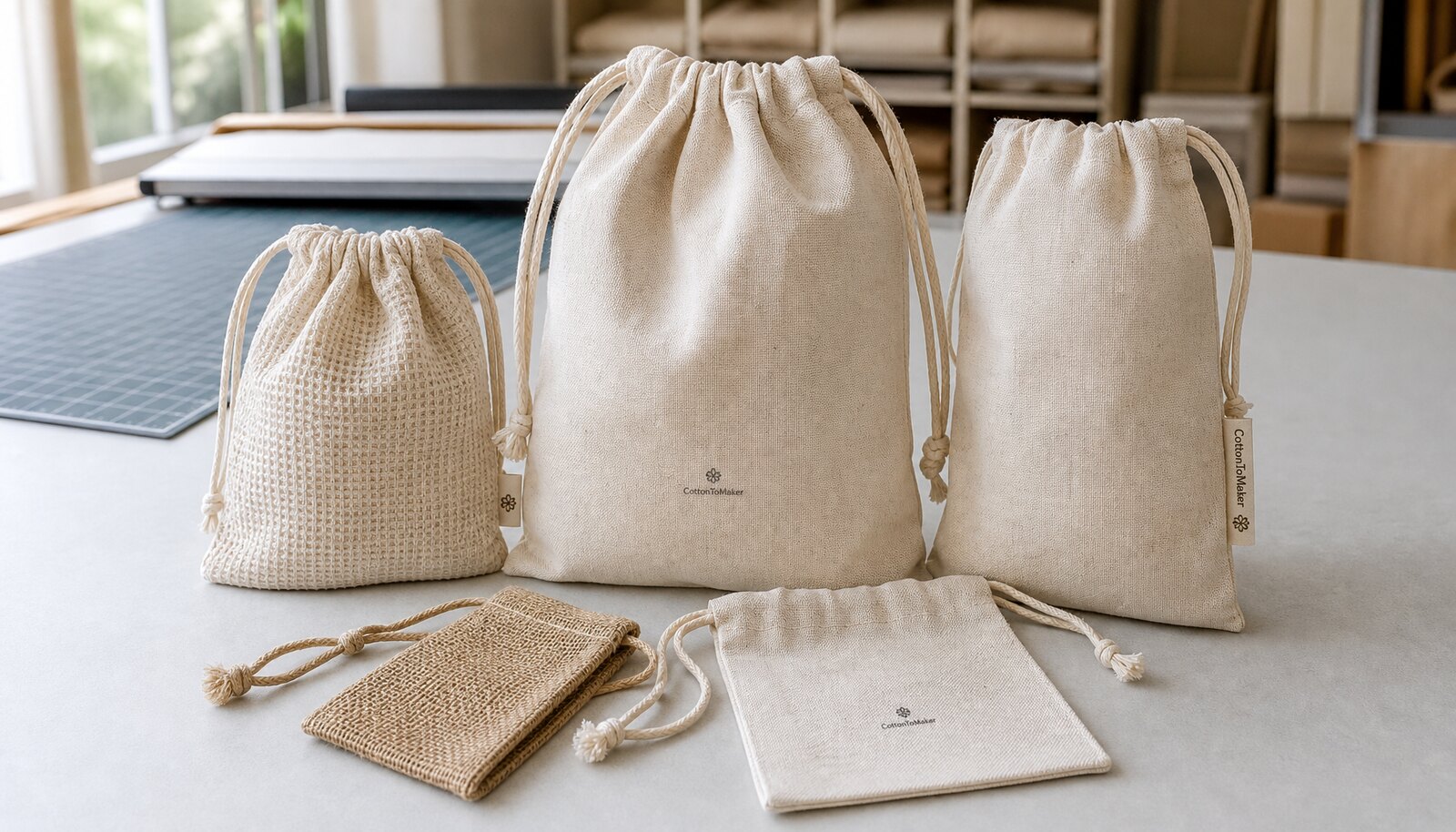 Customised drawstring pouches with visible logo treatments, stitching, and cord construction in a factory sample room