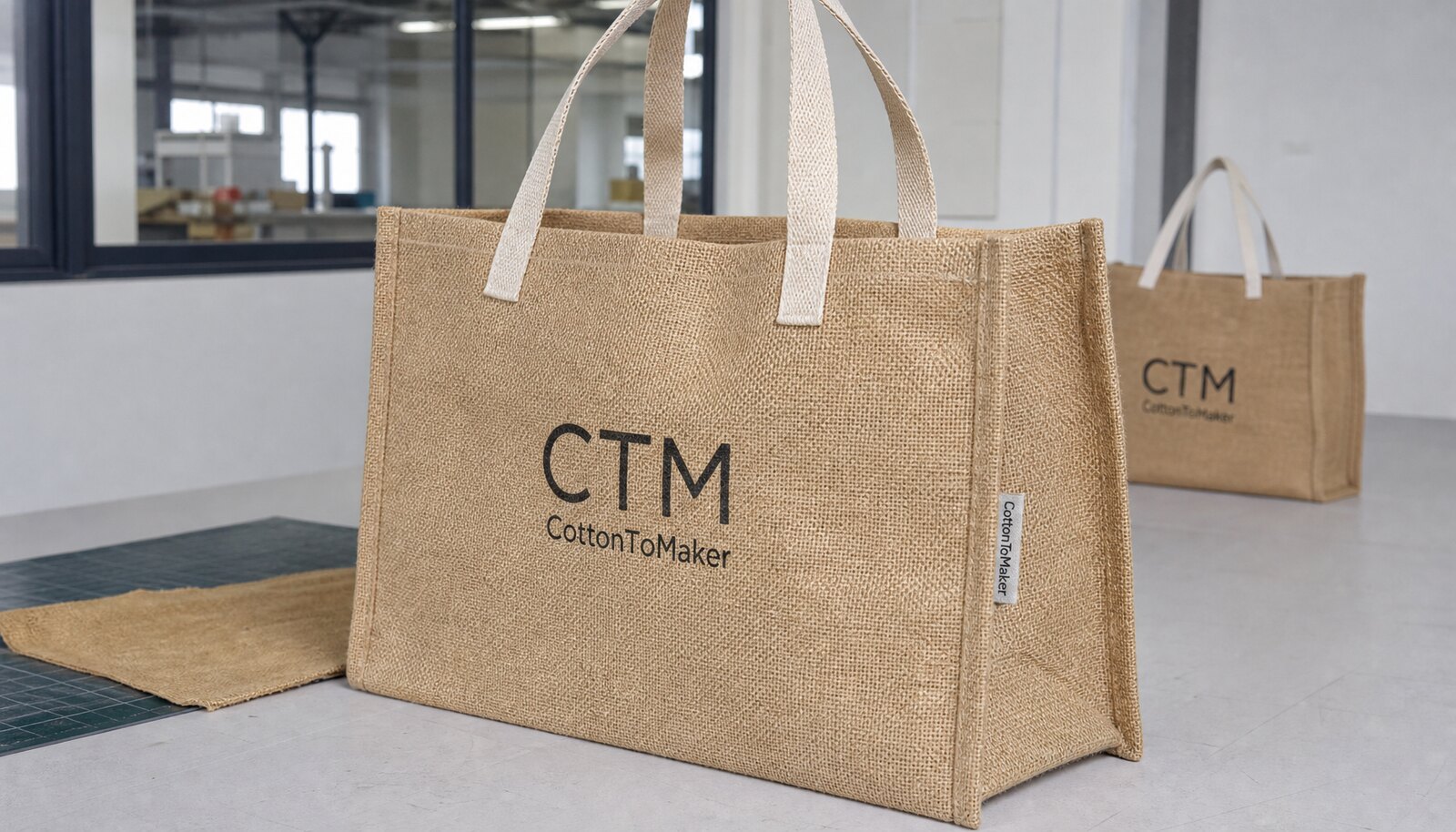 Natural jute tote bag with a simple CTM/CottonToMaker sample logo printed and a woven side label in a clean sample room
