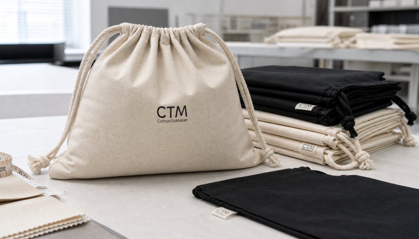Customized drawstring bags with a simple CTM logo shown in a clean factory sample room