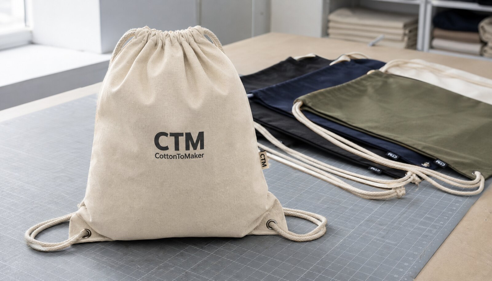 Drawstring backpack sample with CTM CottonToMaker logo in a factory sample room