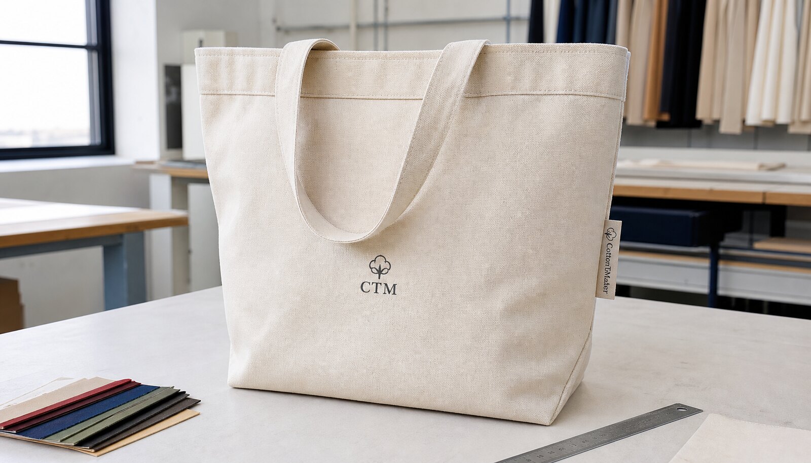 A canvas tote bag with a simple CTM logo digitally printed on the front panel in a factory sample room.