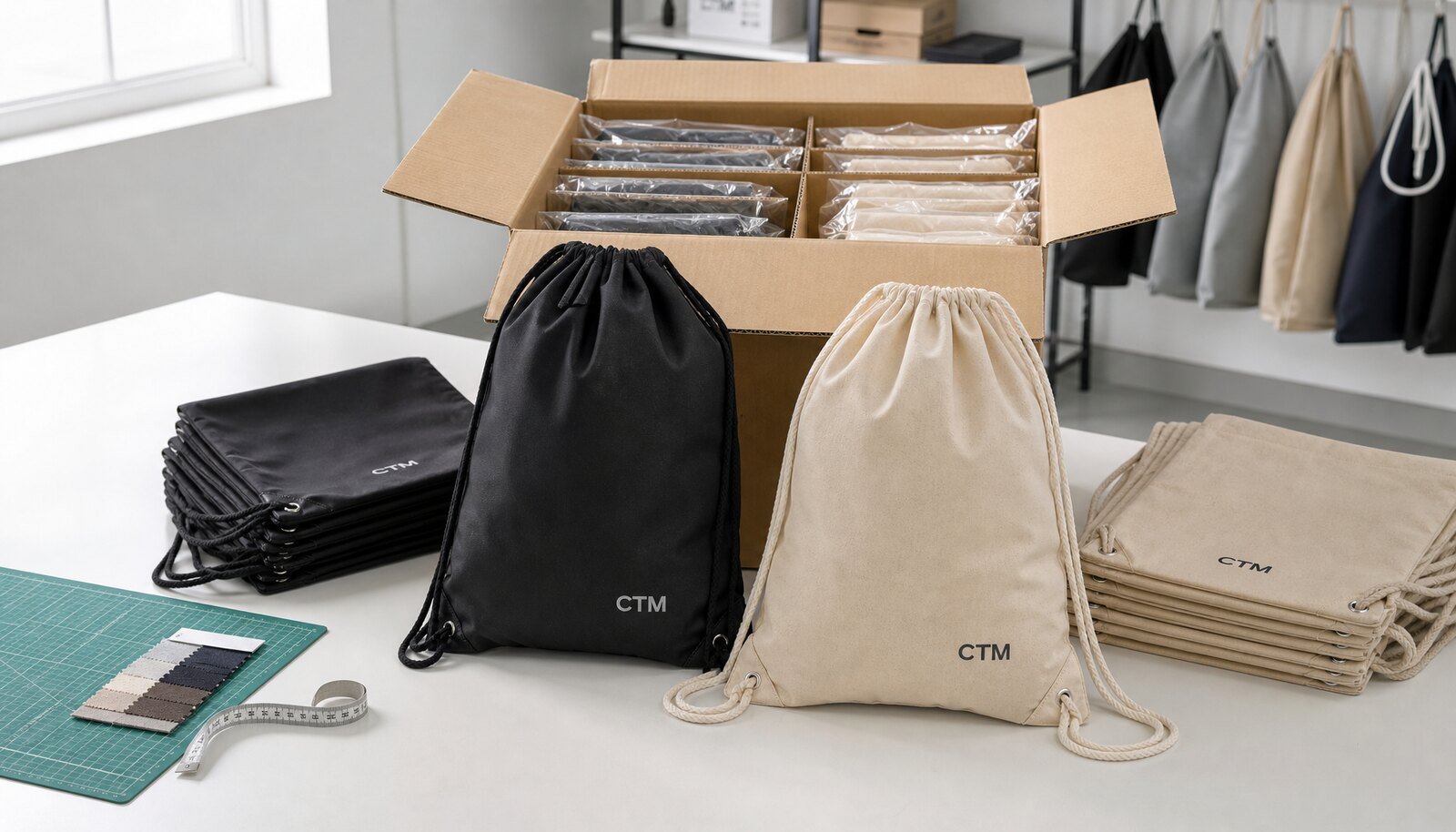Custom drawstring backpacks folded and packed in an export carton with CTM sample logo