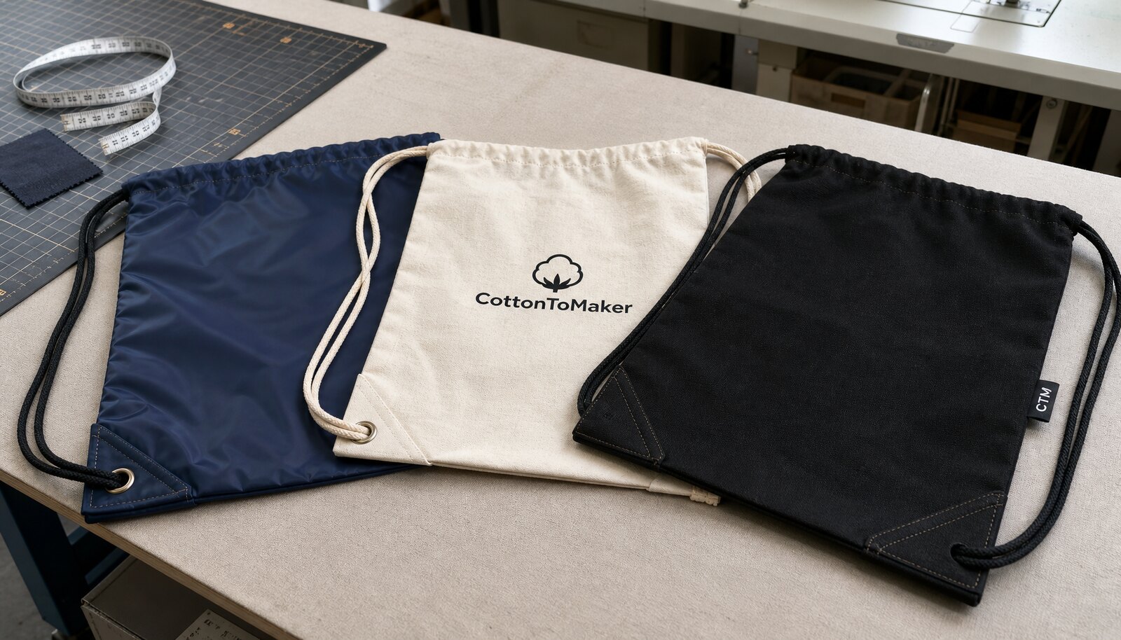 Drawstring backpack samples with visible reinforced bottom corners and CTM branding in a factory sample room.