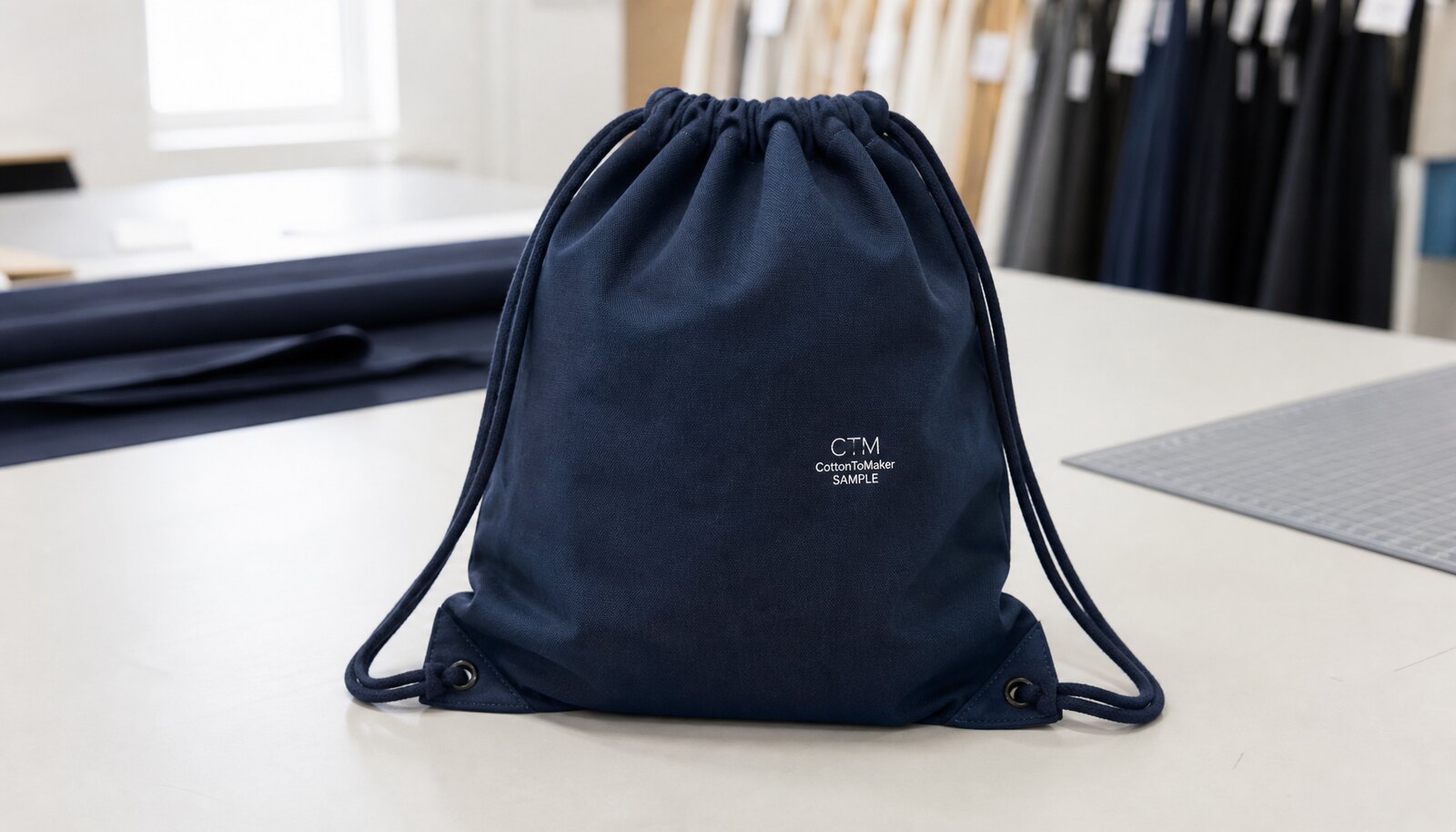 Navy drawstring backpack with a simple CTM sample logo printed on the front in a factory sample room