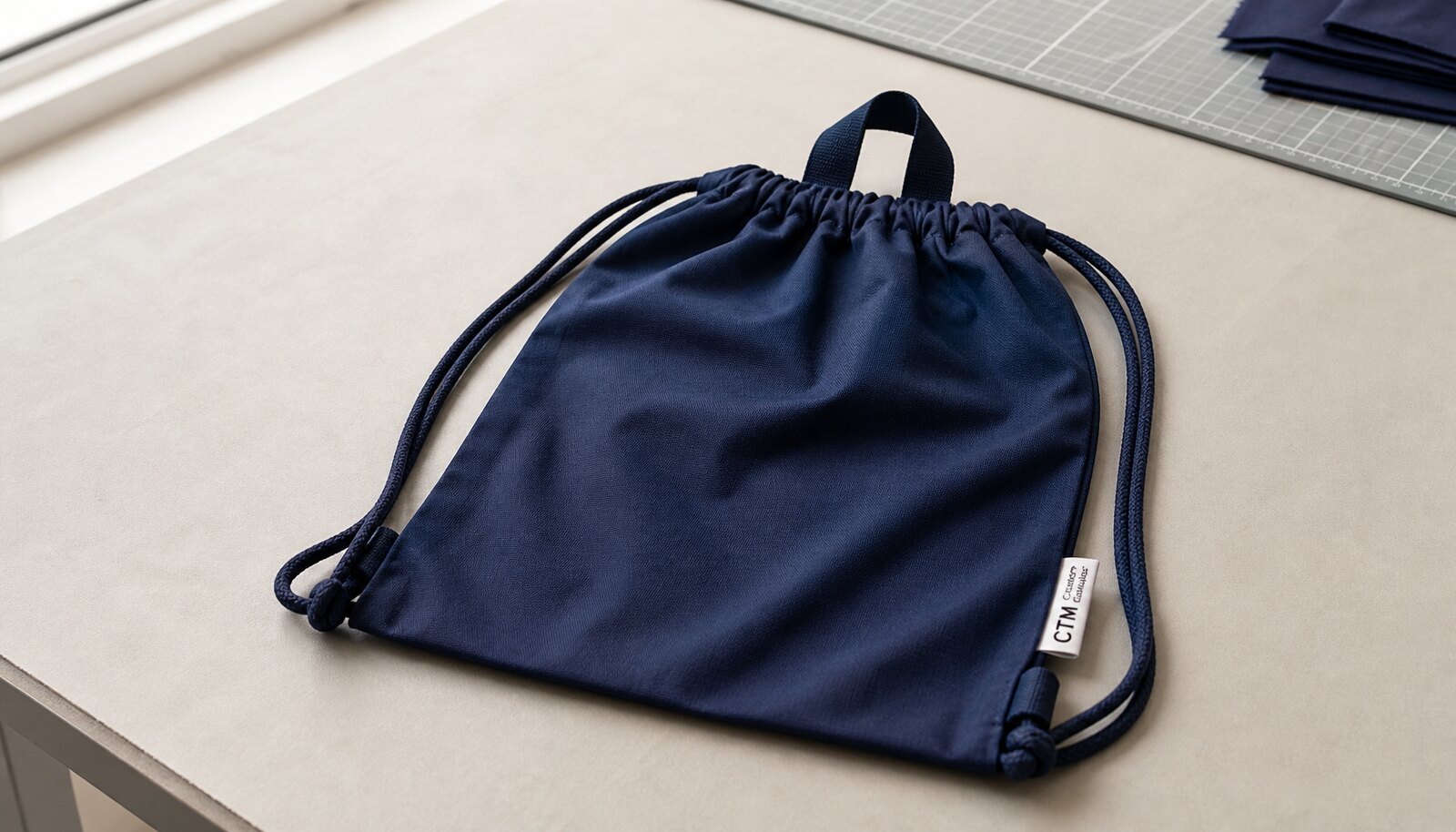 A navy drawstring backpack with a sewn CTM CottonToMaker side label and visible reinforced handle seam in a clean sample room.