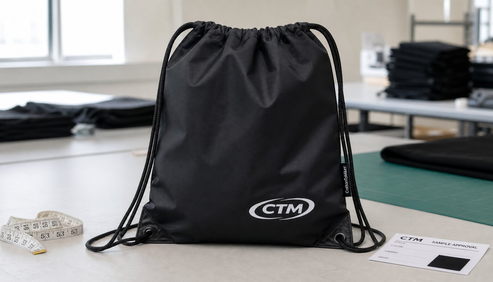 Black drawstring backpack with CTM logo placement sample in a factory sample room