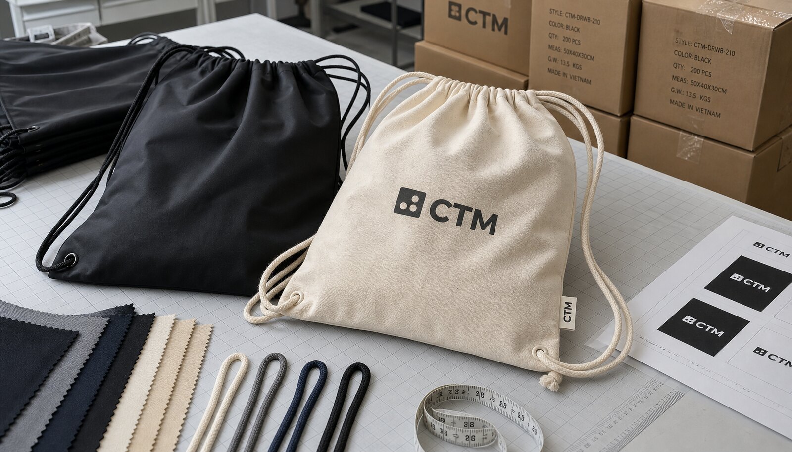 Drawstring backpack samples with CTM logo, fabric swatches, cords, and packing materials in a factory sample room