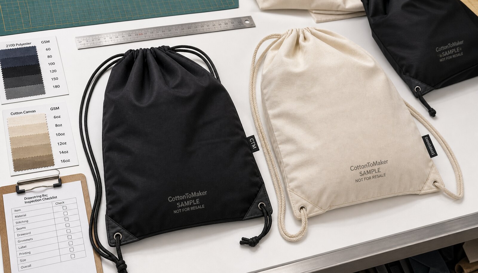 Drawstring backpacks on a factory inspection table with CTM logo, fabric swatches, ruler, and quality checklist