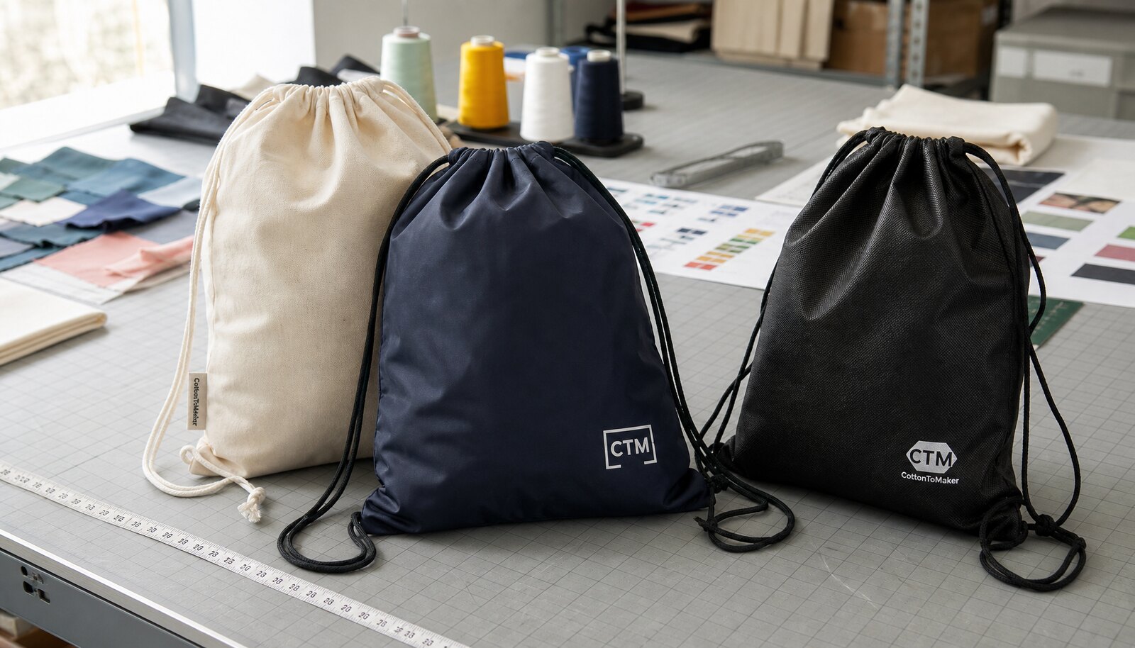 Drawstring backpack print method samples with CTM and CottonToMaker logos in a factory sample room