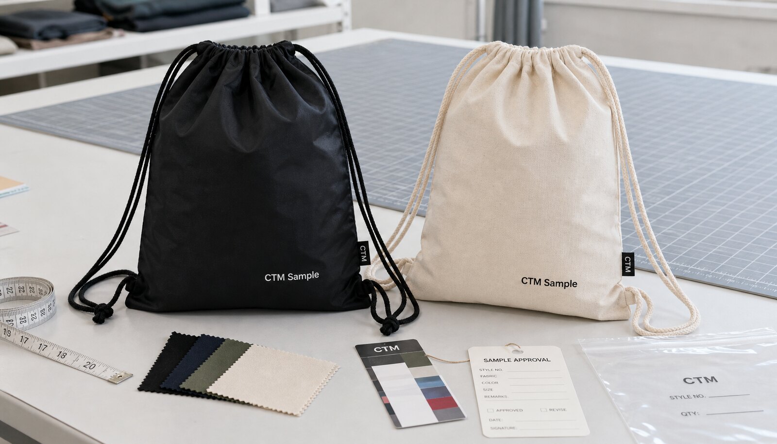 Drawstring backpack samples with CTM logo on a factory sample room table for revision checking